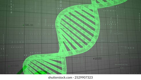 Image of dna strand over data processing. Global science, research, connections, computing and data processing concept digitally generated image.