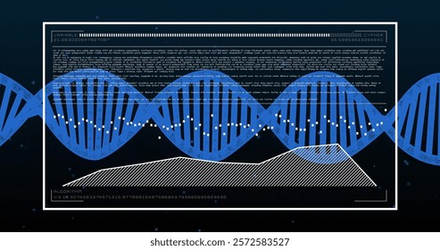 Image of dna strand over diagram and data processing. Global science, technology and digital interface concept digitally generated image.