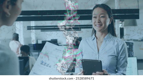 Image of dna strand over diverse business people in office. Global business and digital interface concept digitally generated image. - Powered by Shutterstock