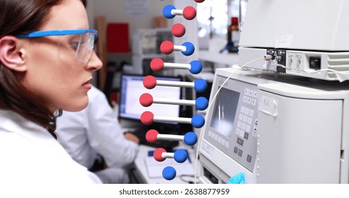 Image of dna strand over diverse doctors in lab. Global medicine and digital interface concept digitally generated image.