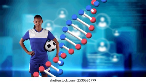 Image of dna strand over female football player holding ball. global sports, fitness and data processing concept digitally generated image. - Powered by Shutterstock