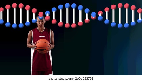 Image of dna strand over female basketball player holding ball. global sports, fitness and data processing concept digitally generated image. - Powered by Shutterstock - Get 15% off with code: PIKWIZARD15