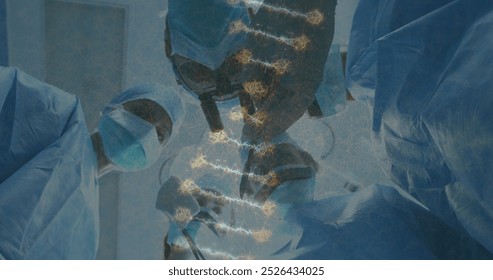 Image of dna strand over surgeons in face masks. global medicine, technology, data processing and digital interface concept digitally generated image. - Powered by Shutterstock