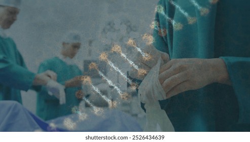 Image of dna strand over surgeons in face masks. global medicine, technology, data processing and digital interface concept digitally generated image. - Powered by Shutterstock