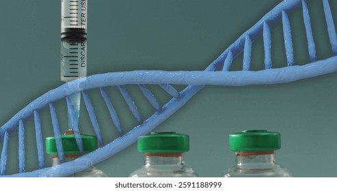 Image of dna strand over syringe on blue background. Global science, connections, computing and data processing concept digitally generated image.