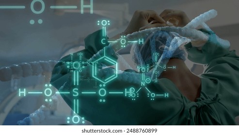 Image of dna strand and scientific data processing over biracial female surgeon in hospital. Global medicine, science, data processing and digital interface concept digitally generated image.
