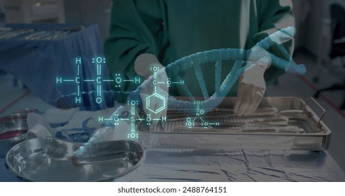 Image of dna strand and scientific data processing over biracial female surgeon in hospital. Global medicine, science, data processing and digital interface concept digitally generated image.
