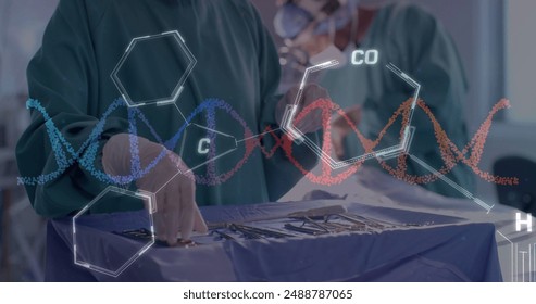 Image of dna strand and scientific data processing over diverse surgeons in hospital. Global medicine, science, data processing and digital interface concept digitally generated image.