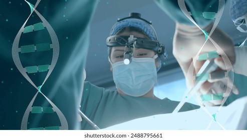 Image of dna strand and scientific data processing over diverse surgeons in hospital. Global medicine, science, data processing and digital interface concept digitally generated image.