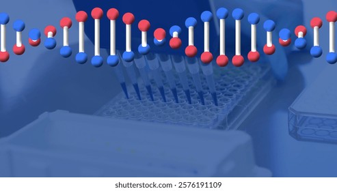 Image of dna strand scientific data processing over laboratory. Global science, connections, computing and data processing concept digitally generated image. - Powered by Shutterstock - Get 15% off with code: PIKWIZARD15