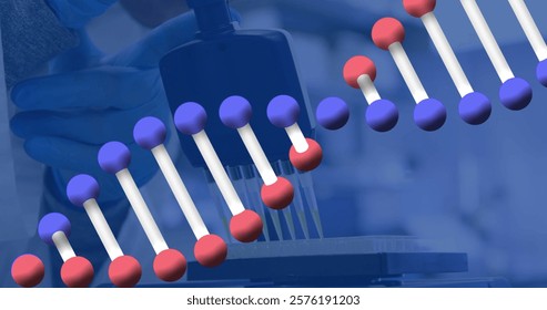 Image of dna strand scientific data processing over scientist in laboratory. Global science, connections, computing and data processing concept digitally generated image. - Powered by Shutterstock - Get 15% off with code: PIKWIZARD15