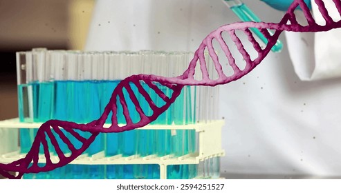 Image of dna strand and scientific data processing over male scientist in laboratory. Global science, connections, computing and data processing concept digitally generated image.