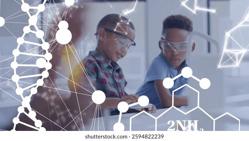 Image of dna strand and scientific data processing over diverse children in laboratory. Global science, connections, computing and data processing concept digitally generated image.