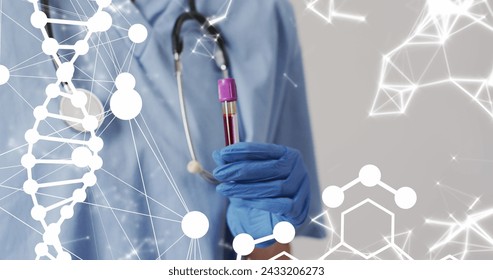 Image of dna strand and shapes over biracial female doctor with test tube. Global medicine and digital interface concept digitally generated image. - Powered by Shutterstock