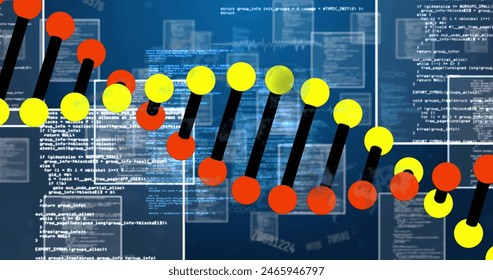 Image of dna strand spinning and data processing on blue background. Global science, computing and data processing concept digitally generated image. - Powered by Shutterstock - Get 15% off with code: PIKWIZARD15