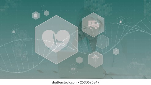 Image of DNA strand spinning and medical icons over female doctor wearing lab coat using digital tablet. Global medicine concept digitally generated image. - Powered by Shutterstock