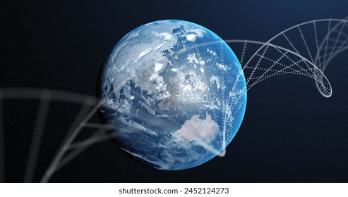 Image of dna strand spinning over earth globe on blue background. Global science, environment and data processing concept digitally generated image.
