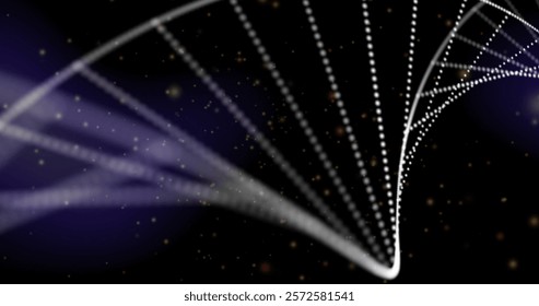 Image of dna strand spinning over glowing spots on dark background. Global science, connections, computing and data processing concept digitally generated image.