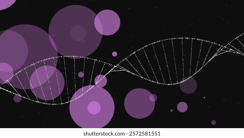 Image of dna strand spinning over glowing spots on dark background. Global science, connections, computing and data processing concept digitally generated image.