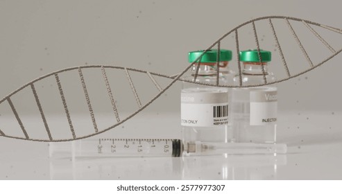 Image of dna strand spinning over vaccines and syringe on white background. Global science, connections, computing and data processing concept digitally generated image. - Powered by Shutterstock - Get 15% off with code: PIKWIZARD15