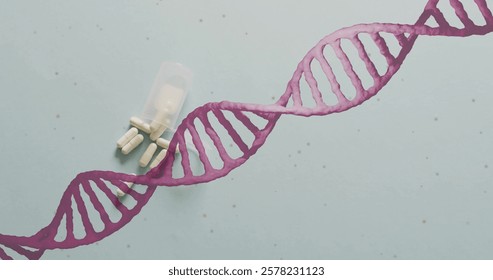 Image of dna strand spinning over pills on white background. Global science, connections, computing and data processing concept digitally generated image. - Powered by Shutterstock - Get 15% off with code: PIKWIZARD15