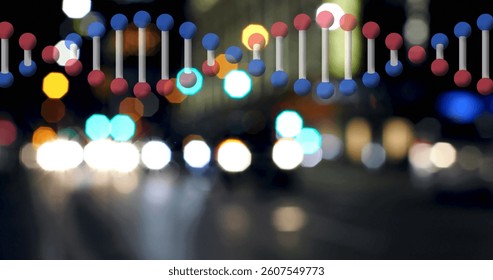 Image of dna strand spinning over out of focus lights and cityscape. business, science, data processing, connection, technology and digital interface concept digitally generated image.
