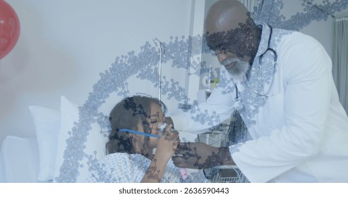 Image of dna strand spinning over doctor and african american patient using oxygen mask. Global medicine, technology, data processing and digital interface concept digitally generated image. - Powered by Shutterstock - Get 15% off with code: PIKWIZARD15
