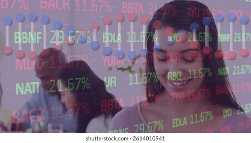 Image of dna strand and statistics, data processing over businesswoman using tablet. global science, business, data processing and digital interface concept digitally generated image.