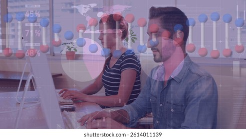 Image of dna strand and statistics, data processing over business people using computer. global science, business, data processing and digital interface concept digitally generated image.