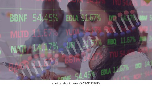 Image of dna strand and statistics, data processing over business people in meeting. global science, business, data processing and digital interface concept digitally generated image.