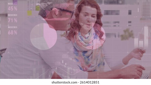 Image of dna strand and statistics, data processing over business people in meeting. global science, business, data processing and digital interface concept digitally generated image.