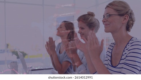 Image of dna strand, statistics and data processing over businesswomen clapping. global science, business, data processing and digital interface concept digitally generated image.