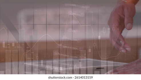 Image of dna strand, statistics and data processing over businessman using tablet. global science, business, data processing and digital interface concept digitally generated image.