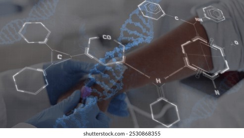 Image of dna strands and chemical formula over nurse and senior biracial patient taking drip. Medicine, science and digital interface concept, digitally generated image. - Powered by Shutterstock