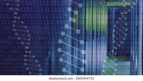 Image of dna strands and data processing over server room. Global science, medicine, computing and digital interface concept digitally generated image.