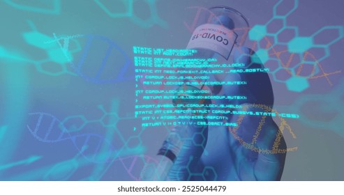 Image of dna strands and data processing over doctor holding vial and syringe. Global medicine, science, computing and digital interface concept digitally generated image. - Powered by Shutterstock