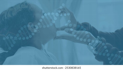 Image of dna strands data processing over biracial mother with girl patient. Global healthcare, science, medicine, research, computing and data processing concept digitally generated image. - Powered by Shutterstock - Get 15% off with code: PIKWIZARD15
