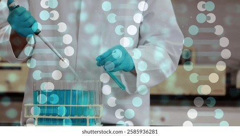 Image of dna strands data processing over caucasian male scientist in laboratory. Global science, connections, computing and data processing concept digitally generated image.