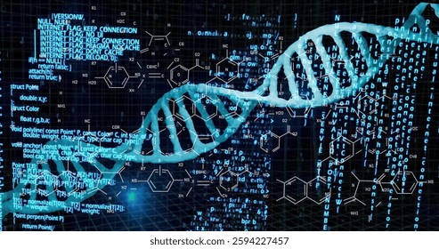 Image of dna strands and data processing over chemical formula. Technology, science and digital interface concept digitally generated image. - Powered by Shutterstock - Get 15% off with code: PIKWIZARD15