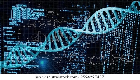 Image of dna strands and data processing over chemical formula. Technology, science and digital interface concept digitally generated image.
