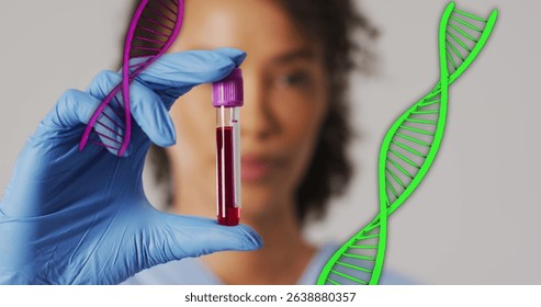 Image of dna strands over african american female doctor holding vial with liquid. Global medicine, science and digital interface concept digitally generated image.