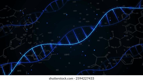 Image of dna strands over chemical formula. Technology, science and digital interface concept digitally generated image.
