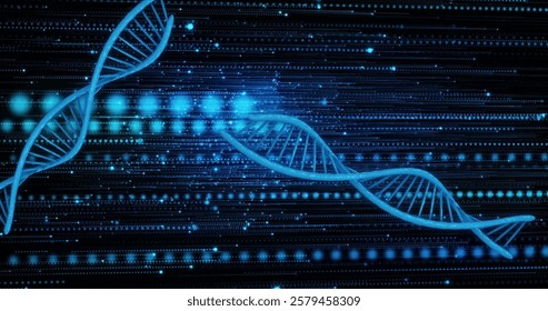 Image of dna strands over light trails and spots on black background. Global science, computing and digital interface concept digitally generated image.
