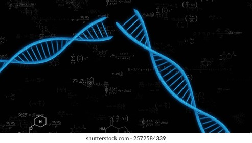 Image of dna strands over mathematical equations. Science and digital interface concept digitally generated image.
