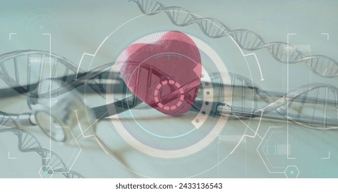 Image of dna strands and scope scanning over stethoscope and heart. Global medicine and digital interface concept digitally generated image. - Powered by Shutterstock