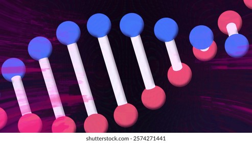 Image of dna strands spinning and glowing trails over black background. Global science, connections, computing and data processing concept digitally generated image.