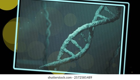 Image of dna strands spinning over glowing spots on dark background. Global science, connections, computing and data processing concept digitally generated image.