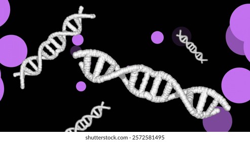 Image of dna strands spinning over glowing spots on dark background. Global science, connections, computing and data processing concept digitally generated image.
