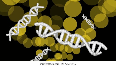 Image of dna strands spinning over glowing spots on dark background. Global science, connections, computing and data processing concept digitally generated image.