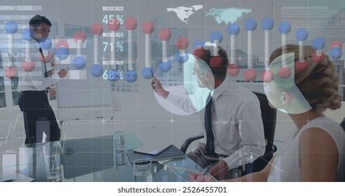 Image of dna strands, statistics and data processing over diverse business people. global business, connections and data processing concept digitally generated image.
